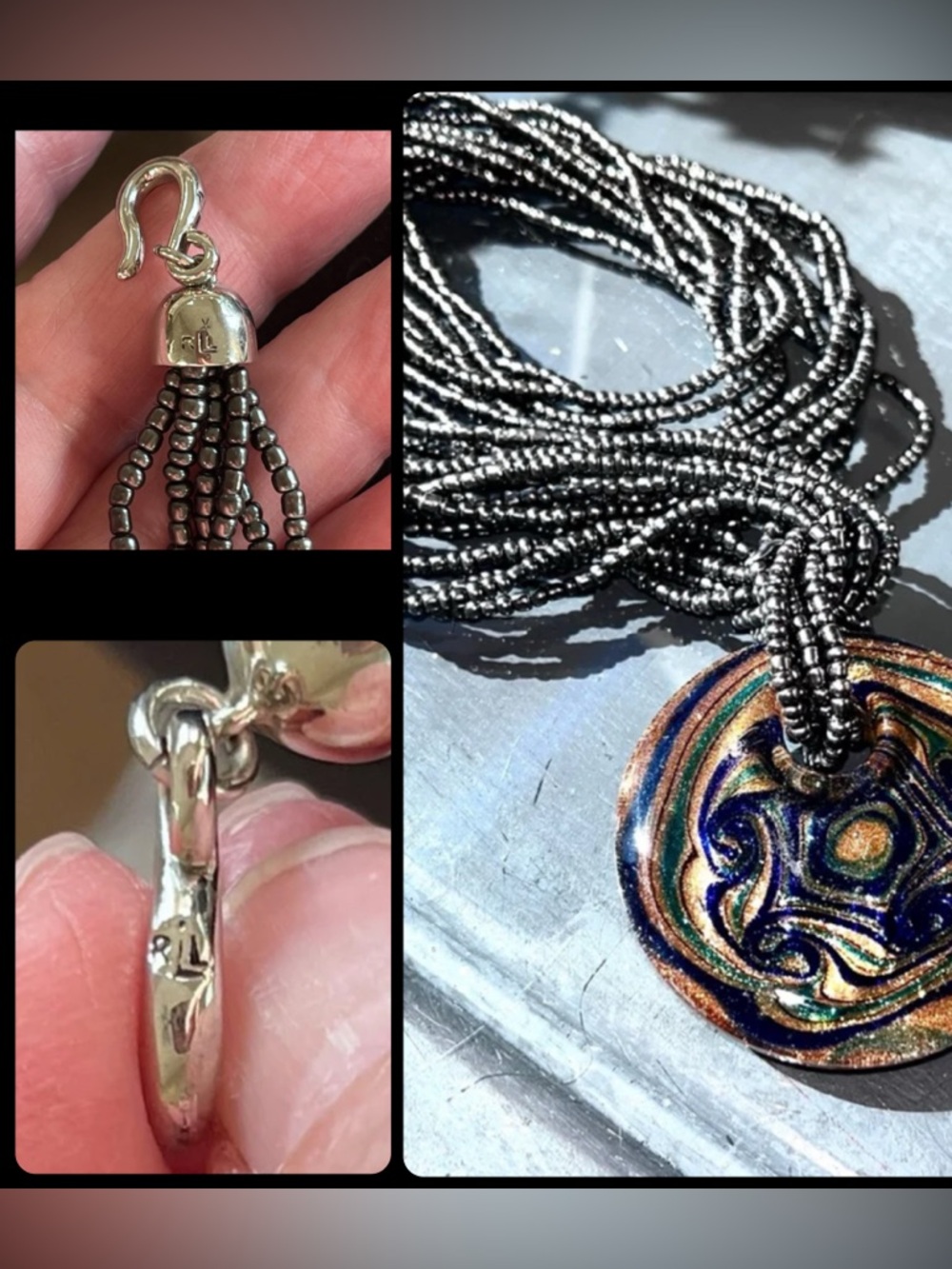 N256 Ralph Lauren Murano Glass Pendant 2” on Multistrand Beaded Necklace 32”